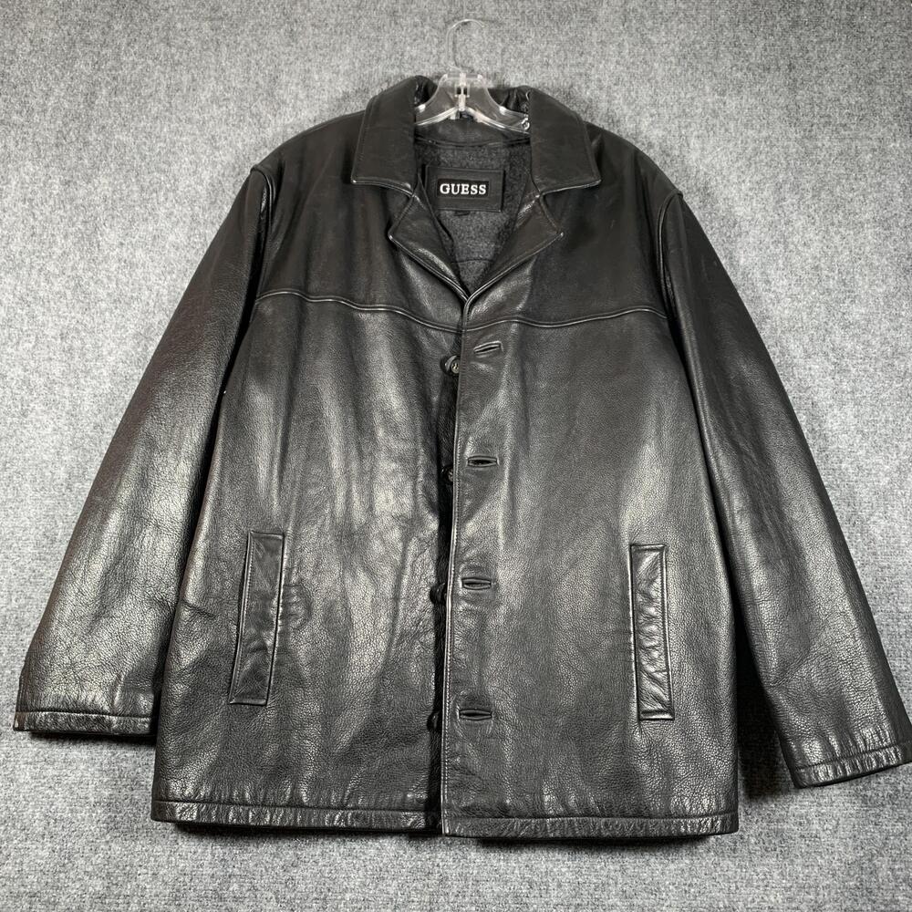 Guess Leather Coat Mens XL Black Button Overcoat Lined Wool Vest Pockets Heavy